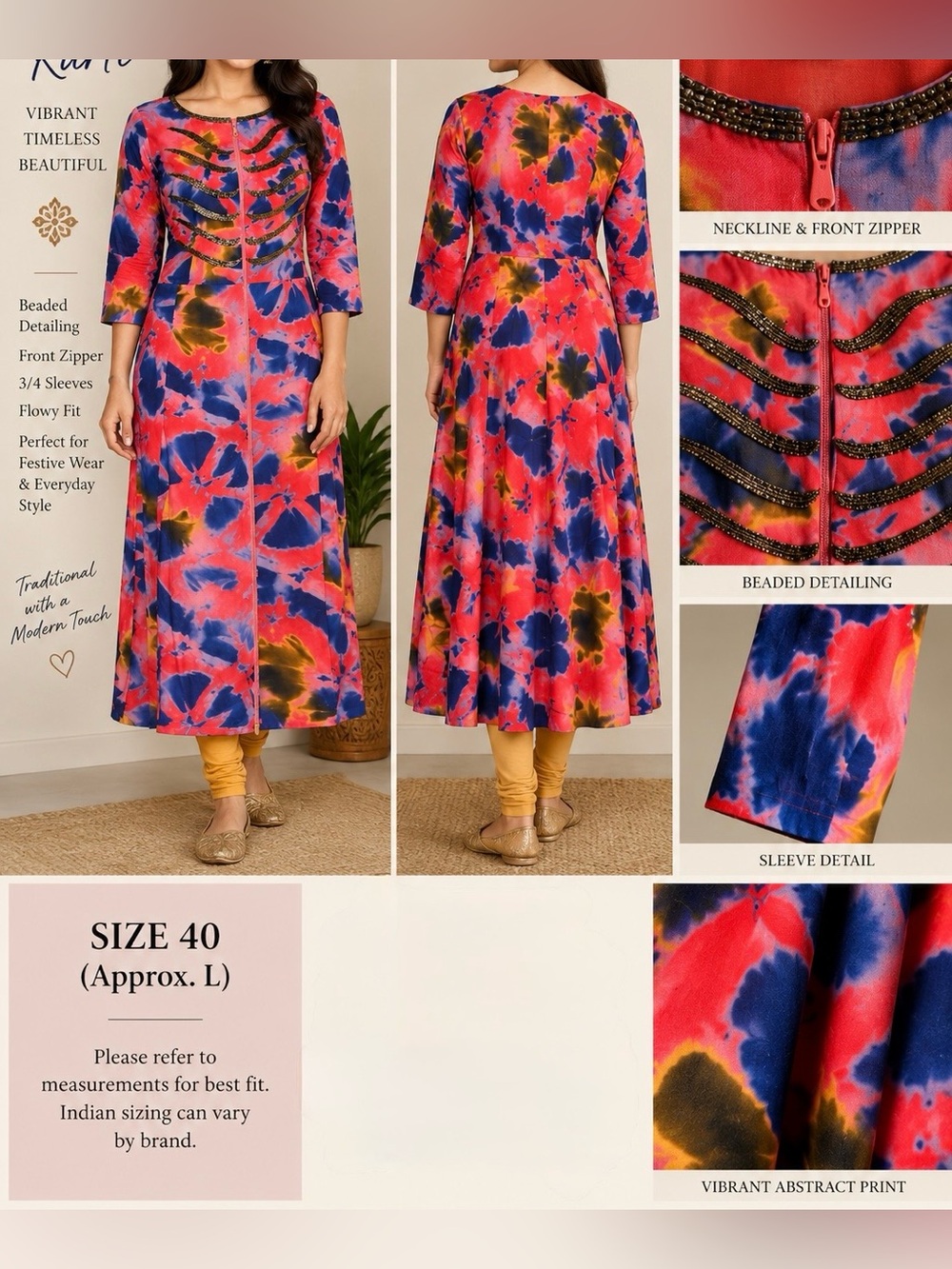 Indian Kurti Size 40 Colorful Abstract Print Beaded Long Kurta Tunic